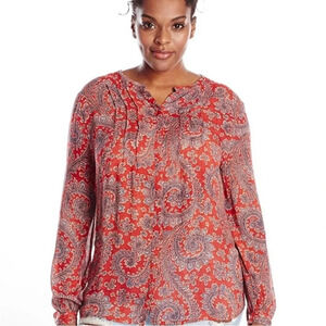 Lucky Brand boho Paisley Print High Low Hem Red Blouse peasant L